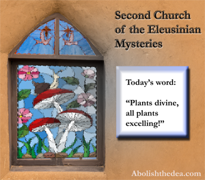 picture of stained glass windows of mushrooms at Second Church of the Eleusianian Mysteries